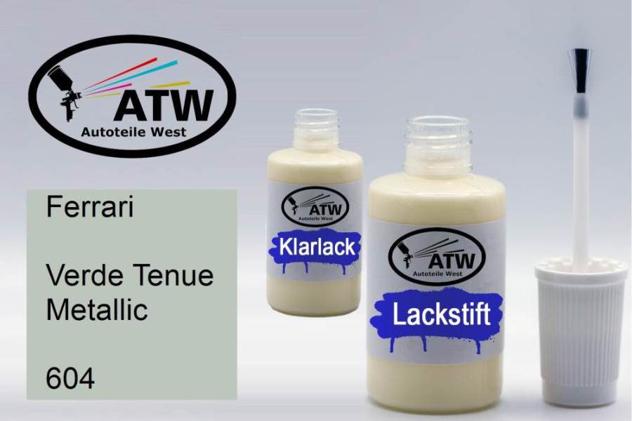 Ferrari, Verde Tenue Metallic, 604: 20ml Lackstift + 20ml Klarlack - Set, von ATW Autoteile West.